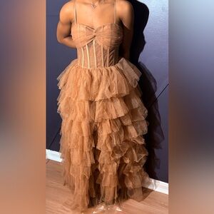 Champagne/Nude- Gold Sparkle Fluffy Tulle Tiered Ruffle Corset Formal Dress